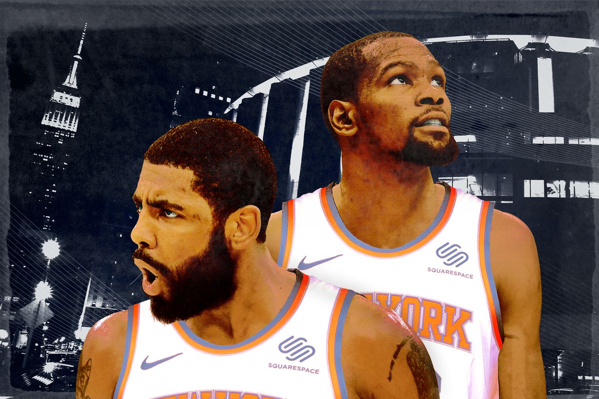 Kyrie Irving and Kevin Durant wearing New York Knicks’ uniforms