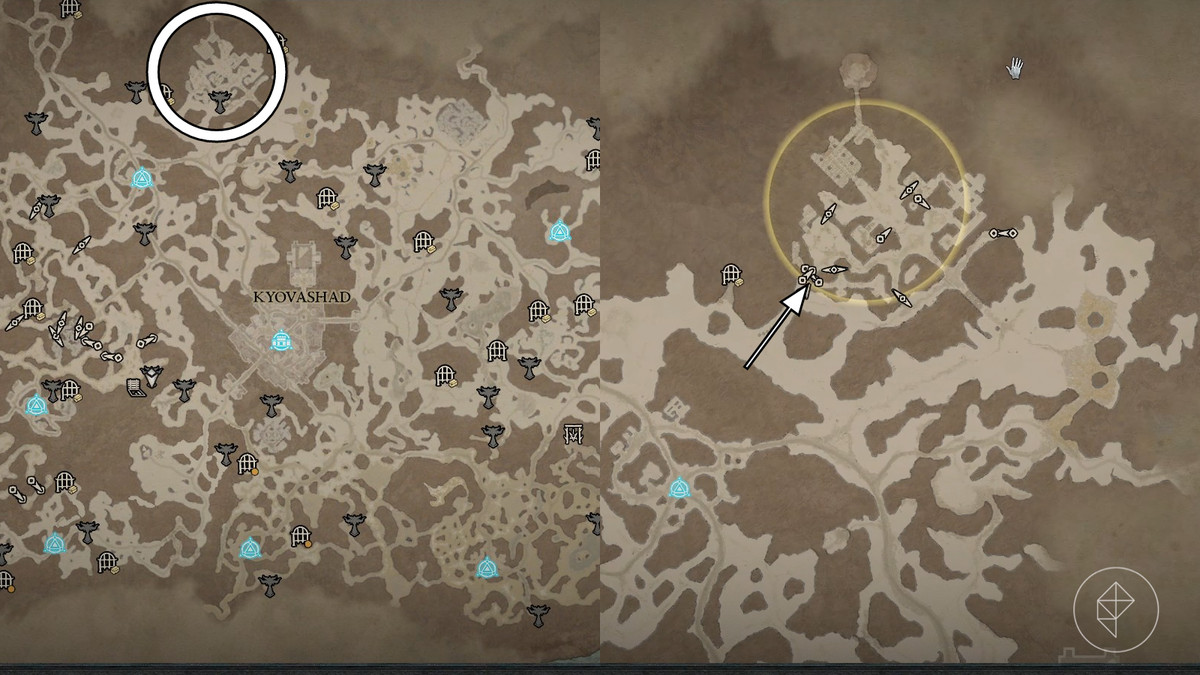 Kor Dragan Stronghold location in Fractured Peaks in Diablo 4 / IV. Location shown in circle on map