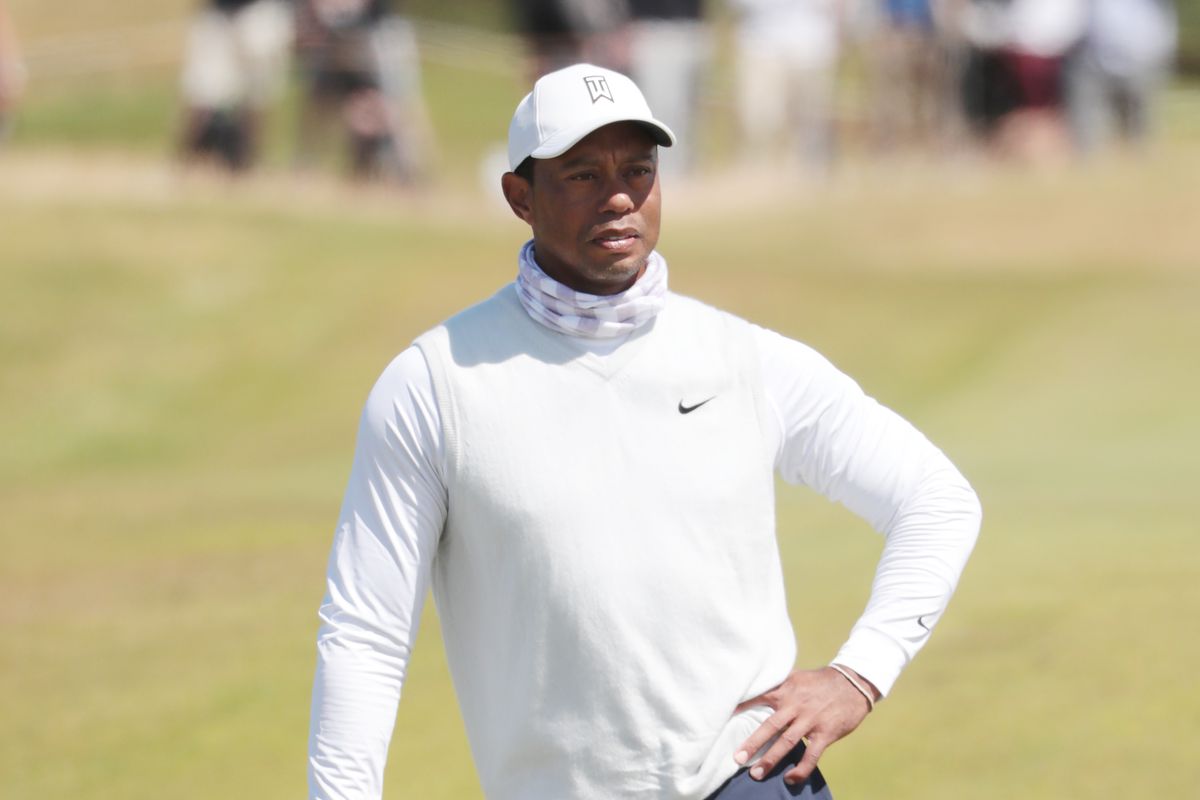 Tiger Woods waits during Day Two of The 150th Open at St Andrews Old Course on July 15, 2022 in St Andrews, United Kingdom.