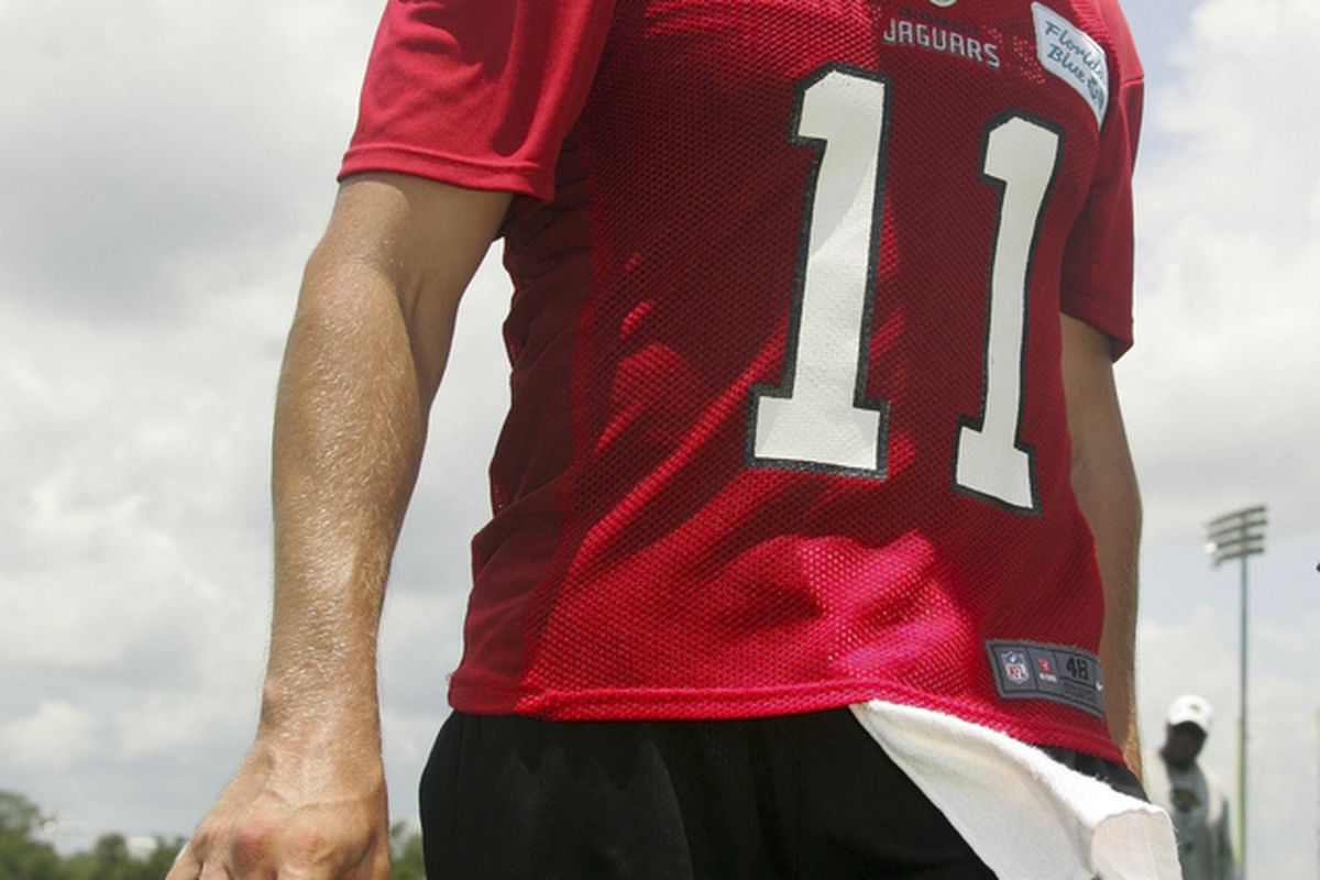 June 12, 2012; Jacksonville FL, USA; Jacksonville Jaguars quarterback Blaine Gabbert (11) after minicamp at Florida Blue Health & Wellness Practice Fields. Mandatory Credit: Phil Sears-US PRESSWIRE