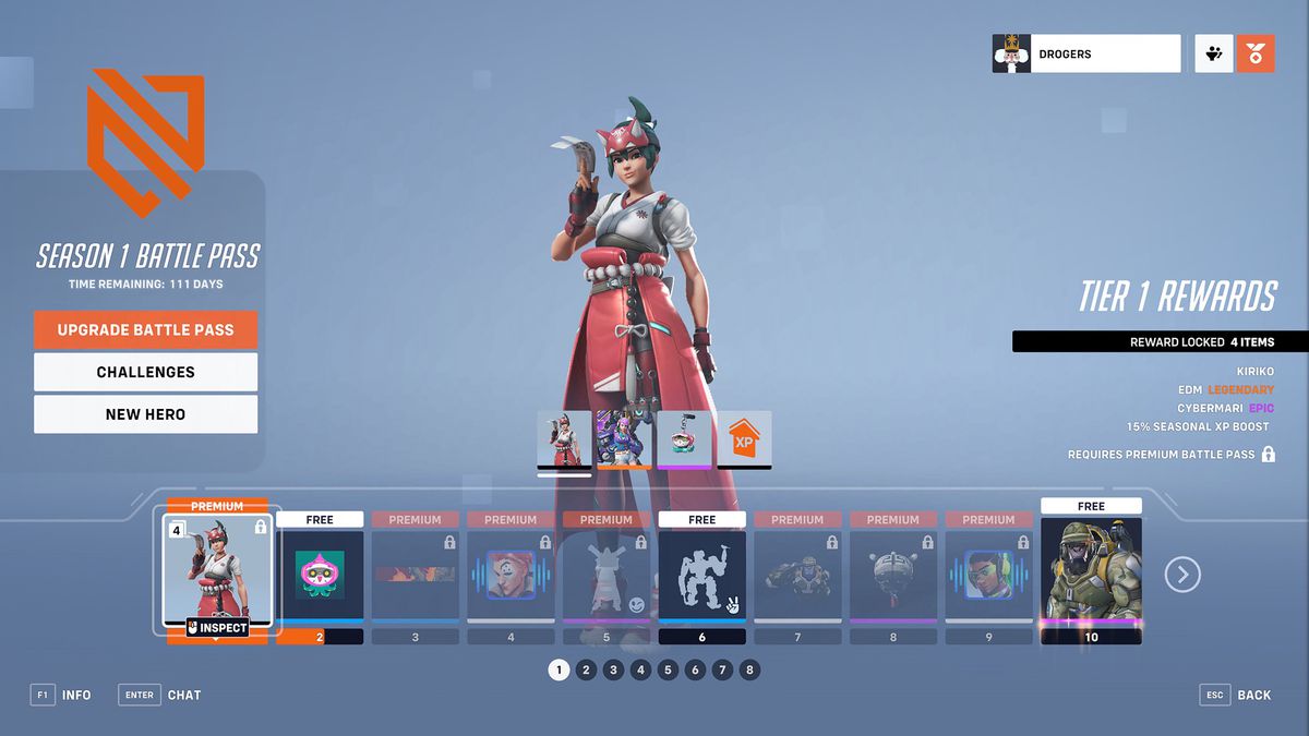 A menu screen in Overwatch 2 showing the season 1 battle pass, and the first 10 tiers of unlockable cosmetics that players can earn.