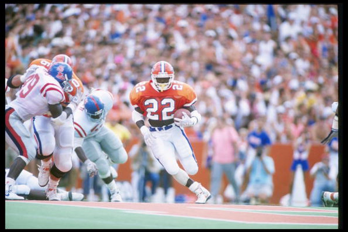 9 Sep 1989: Running back Emmitt Smith of the Florida Gators runs down the field during a game against the Mississippi Rebels at Florida Field in Gainesville, Florida. Mississippi won the game 24-19. (Allen Dean Steele/Allsport)
