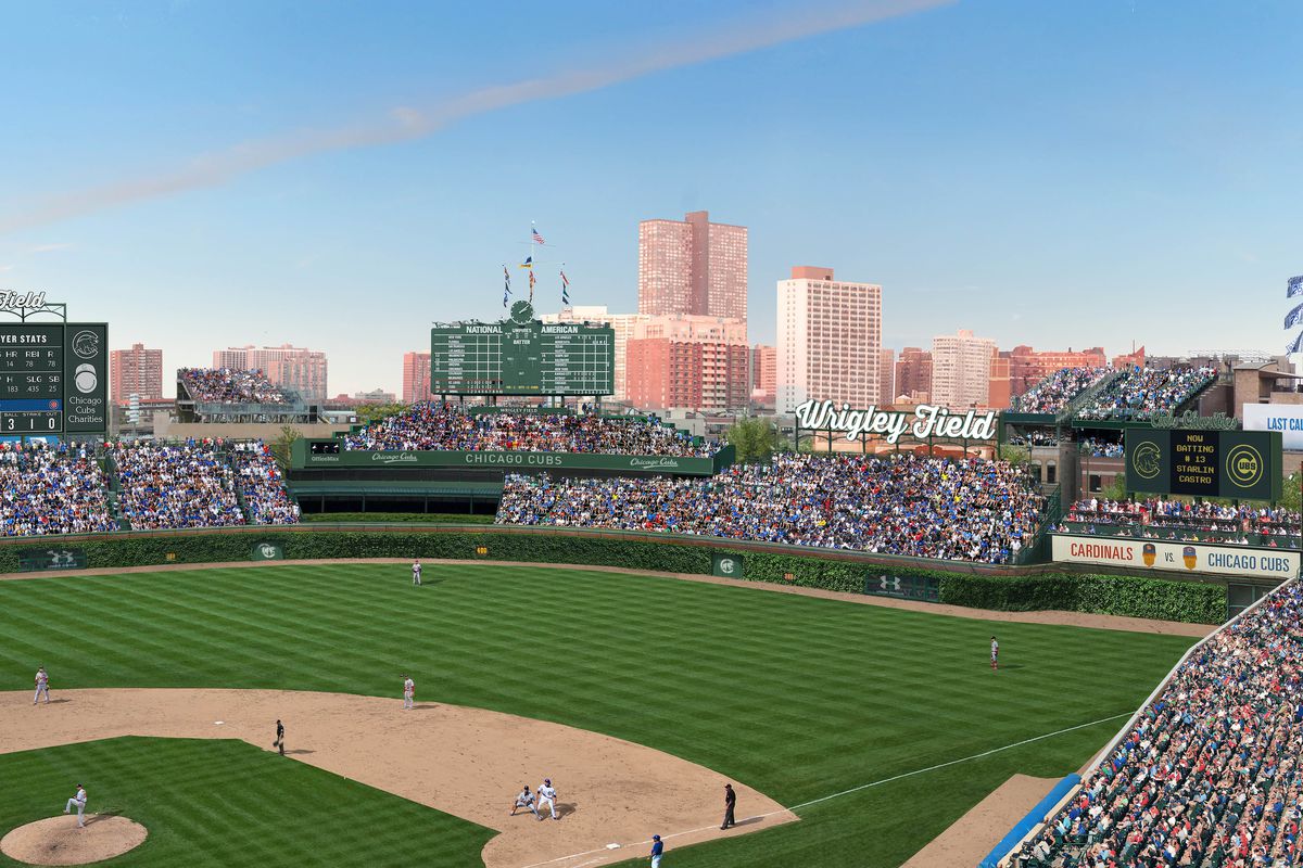 BCB's Mike Bojanowski made this photo illustration showing what the changes the Cubs are requesting might look like (sign eliminated in left field, and video board and fixed sign swapping positions in right field)