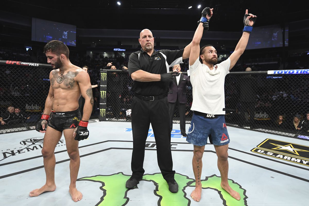 Kyler Phillips reacts after defeating Gabriel Silva in their bantamweight bout during the UFC Fight Night event at Chartway Arena on February 29, 2020 in Norfolk, Virginia.