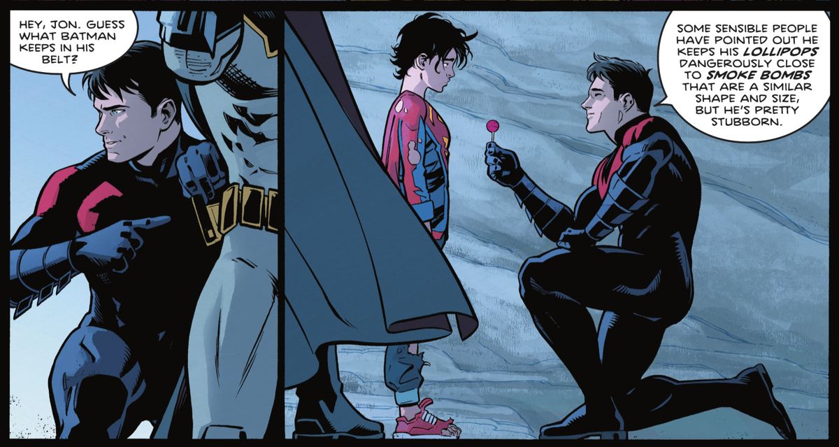 “Hey, Jon. Guess what Batman keeps in his belt?” says Nightwing before handing Jon Kent/Superboy a lollipop from Batman’s utility belt in Nightwing #89 (2022).