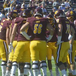 Central Michigan huddles on offense. 