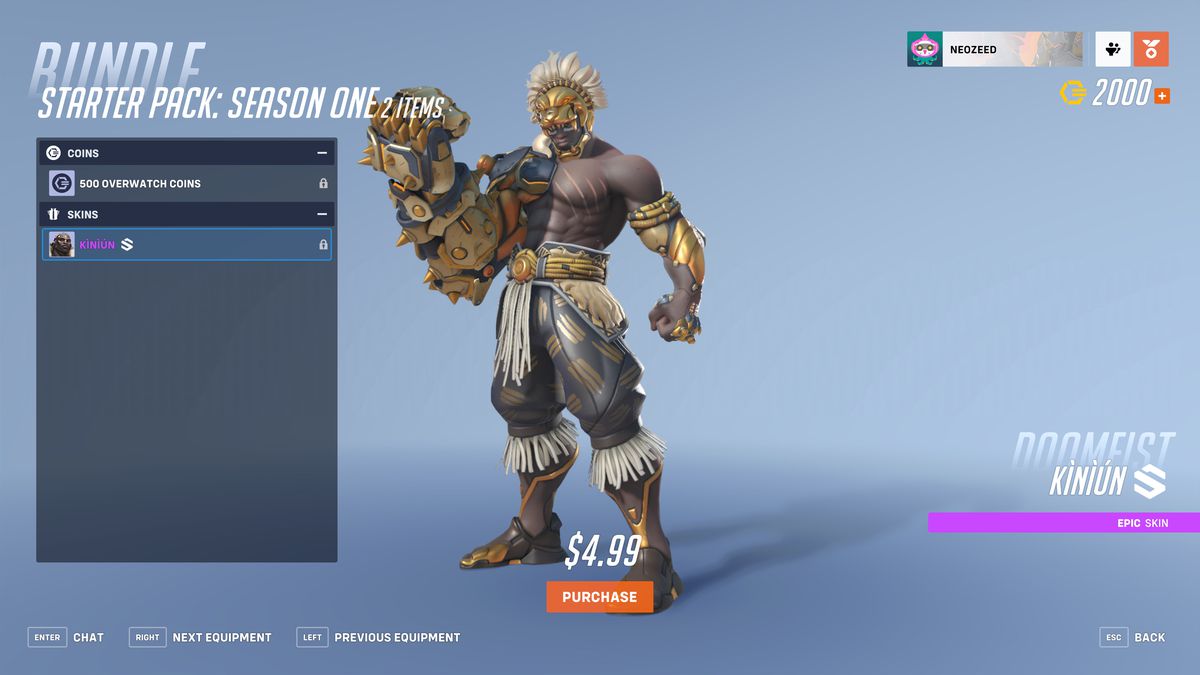 A screenshot from Overwatch 2 featuring the epic skin Kìnìún (meaning 