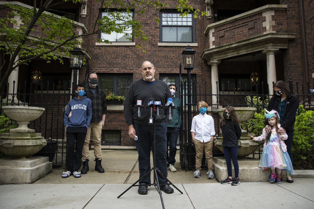 Condo owner Jerry Savoy speaks during a press conference about a lawsuit he and his neighbors filed against Francis W. Parker School for allegedly carrying out a “covert scheme” to take control of their building in the 300 block of West Belden Avenue in Lincoln Park, Thursday morning, May 20, 2020.
