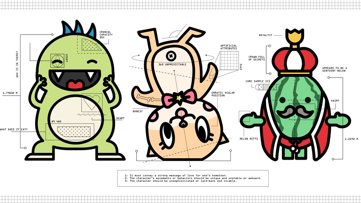 scientific illustration composing of arrows, charts, and x-ray type views of 3 quirky mascots. One dinosaur, one otter, and the last a royal looking watermelon with a crown.