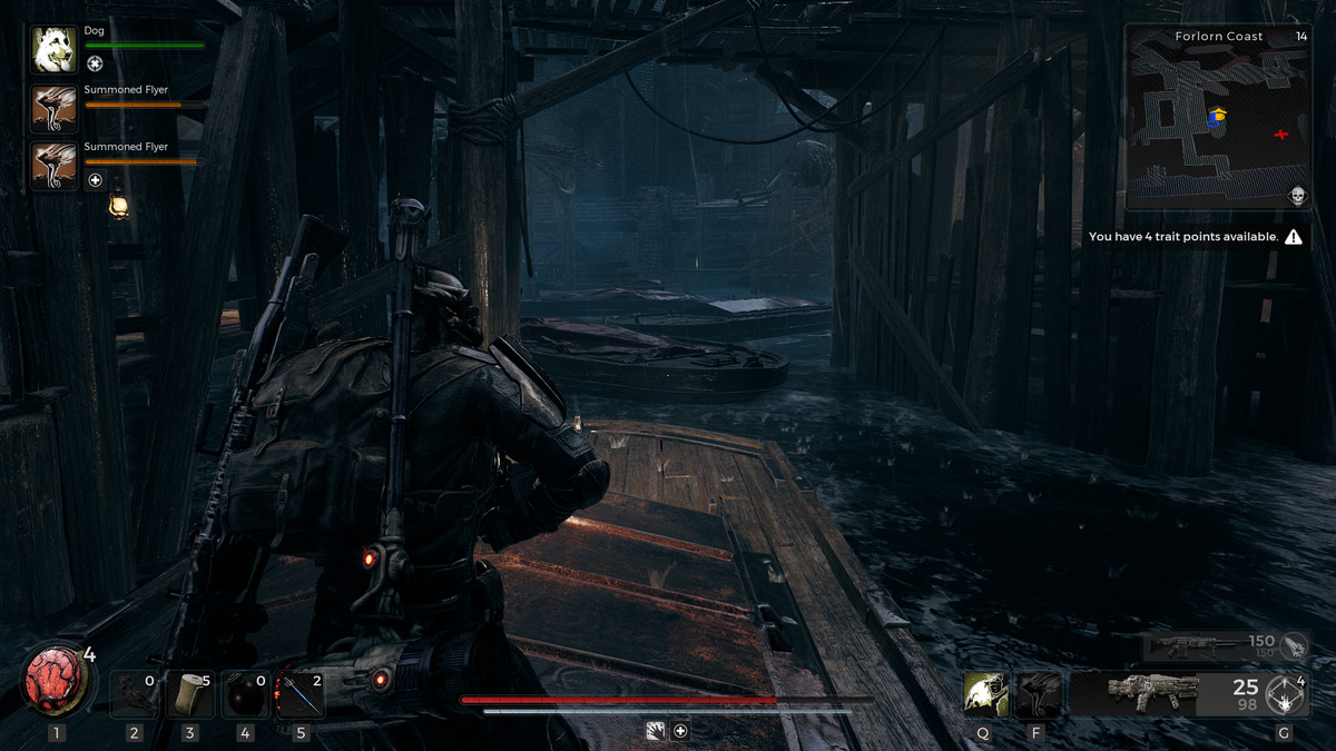 A player runs and jumps along some boats in Remnant 2