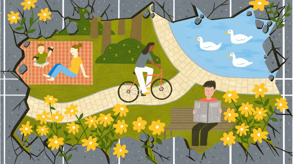 A woman rides her bike in a park where there once was a parking lot. There’s also a woman and toddler sitting on a checkered picnic blanket and a man peacefully reading a newspaper on a bench. Illustration.