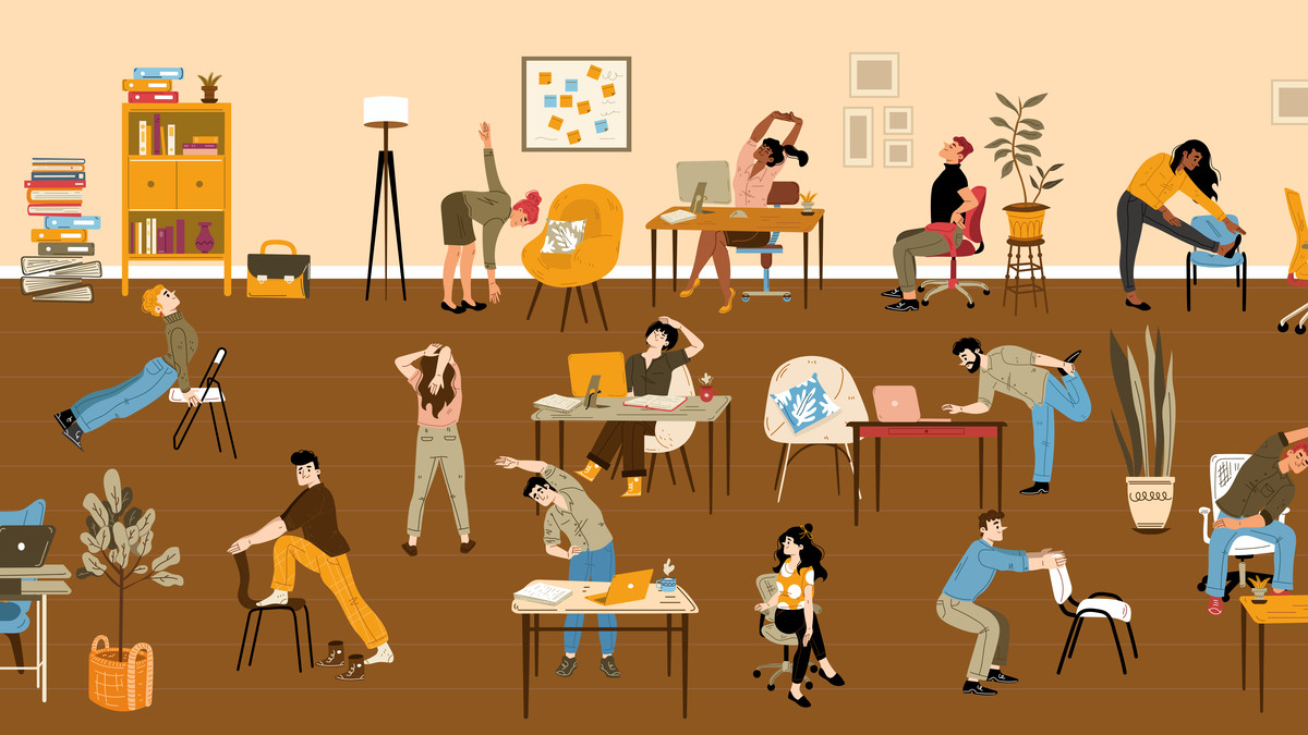An illustration of an office with workers stretching by their desks and on chairs.