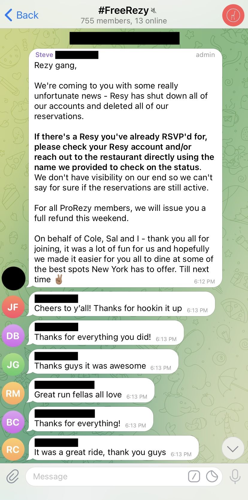 A screenshot from a message on Telegram, an encrypted messaging platform, announcing the end of an online group called #FreeRezy.