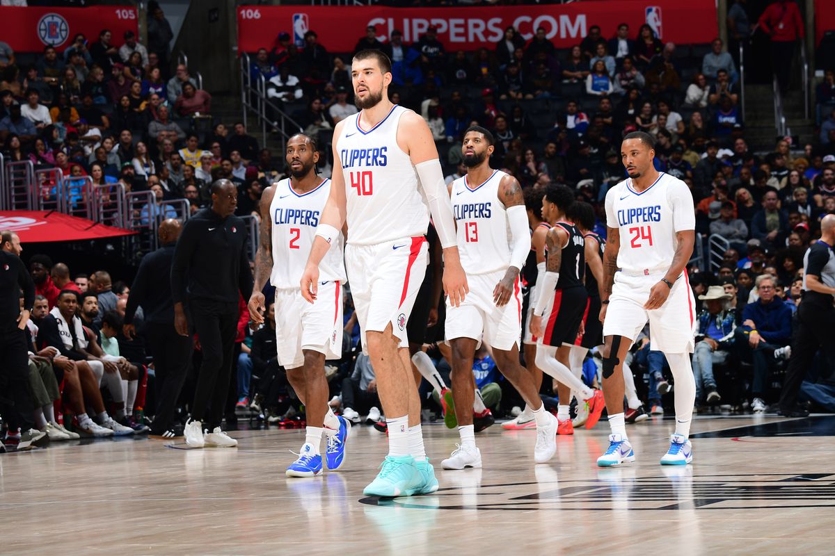 The LA Clippers look on during the game against the Portland Trail Blazers on December 11, 2023 at Crypto.Com Arena in Los Angeles, California.&nbsp;