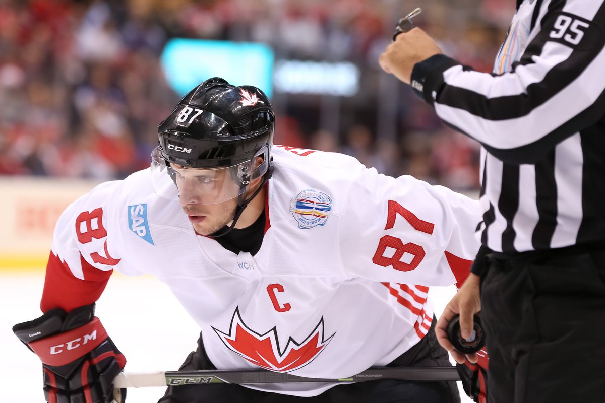 Sidney Crosby of Team Canada prepares for a face-off against Team Europe during Game Two of the World Cup of Hockey final series at the Air Canada Centre on September 29, 2016 in Toronto, Ontario, Canada.