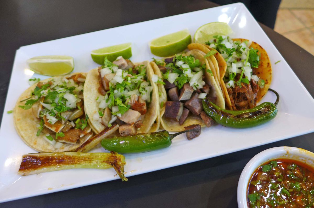 Four tacos lined up on a rectangular plate.