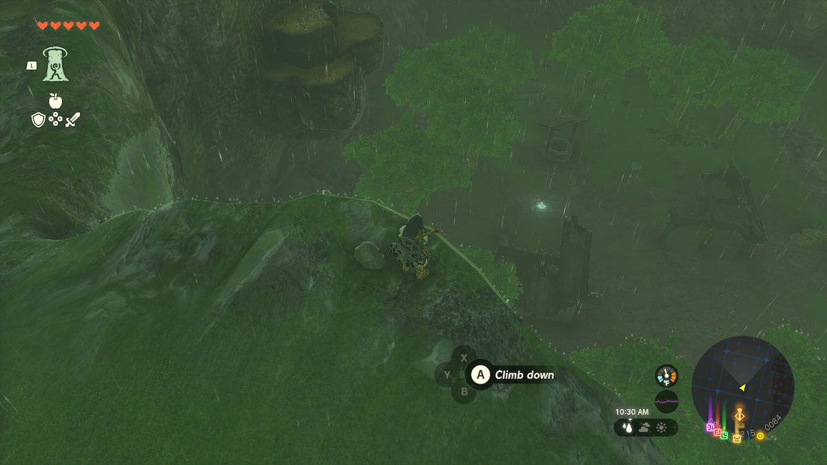 Link stands near a cliff that leads to a cave entrance in Zelda: Tears of the Kingdom