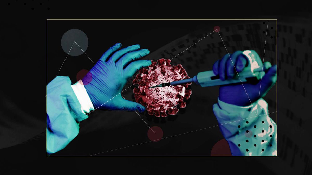 Illustration of two medically gloved hands assaying a softball-sized coronavirus.
