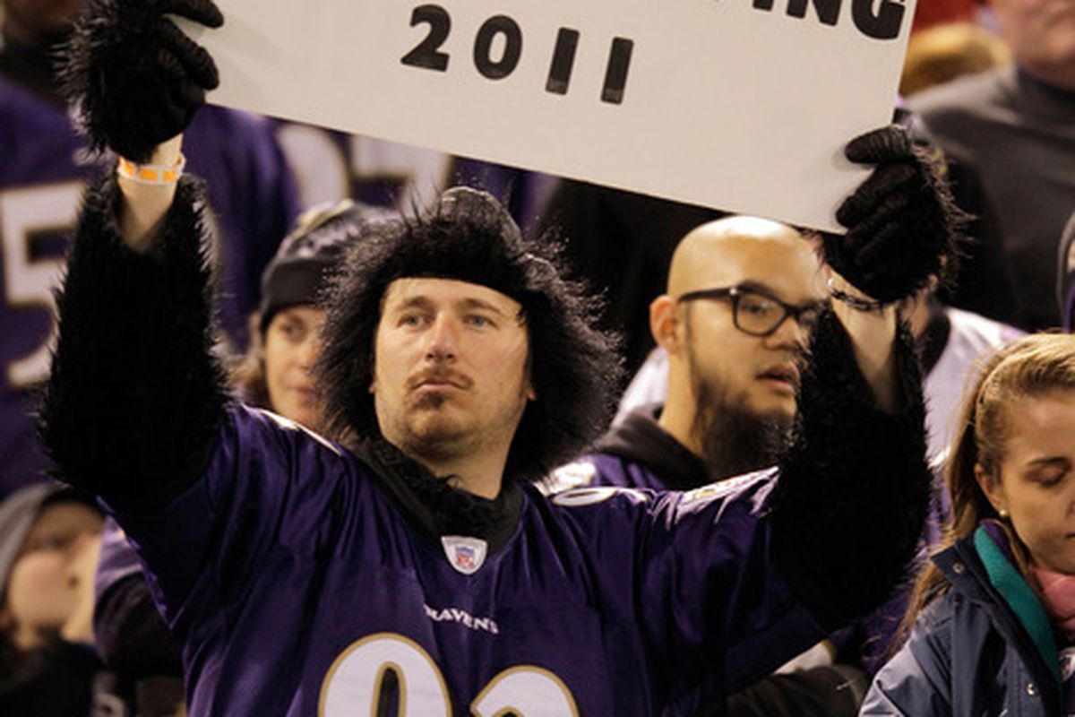 BALTIMORE, MD - NOVEMBER 24: A Baltimore Ravens fan holds up a sign during the second half of the Baltimore Ravens and San Francisco 49ers game at M&T Bank Stadium on November 24, 2011 in Baltimore, Maryland.  (Photo by Rob Carr/Getty Images)