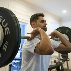 Utah Jazz point guard Raul Neto works with physical therapist Fabrice Gautier at his office in Los Angeles on Friday, June 21, 2019.