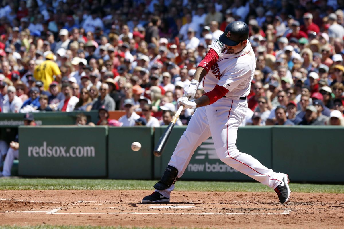 July 22, 2012; Boston, MA, USA; Boston Red Sox first baseman Adrian Gonzalez (28) hits a home-run against the Toronto Blue Jays in the first inning at Fenway Park. Mandatory Credit: David Butler II-US PRESSWIRE