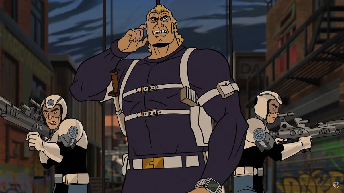 Brock Samson (Patrick Warburton) standing in an alley flanked by O.S.I. troopers in The Venture Bros.:&nbsp;Radiant Is the Blood of the Baboon Heart.