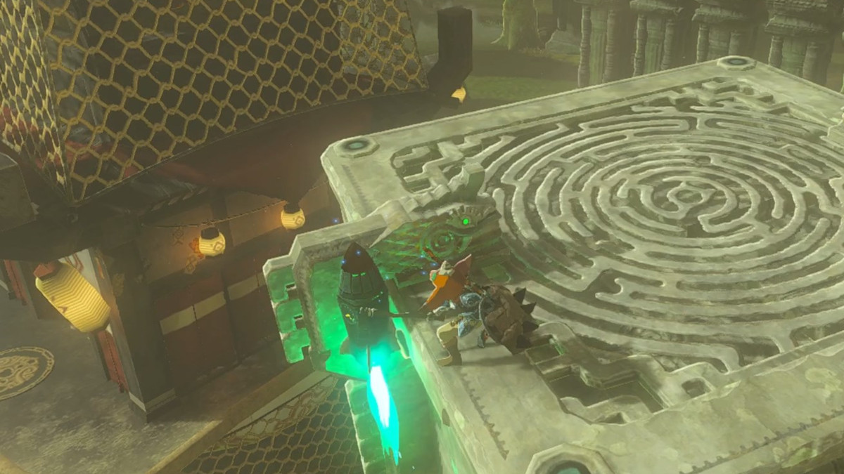 Link using a rocket on a platform to launch into the air in The Legend of Zelda: Tears of the Kingdom