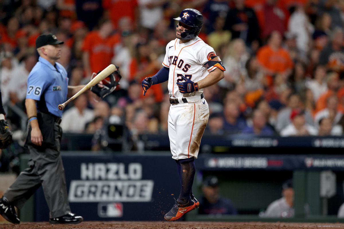 Jose Altuve #27 of the Houston Astros reacts after flying out against the Atlanta Braves during the third inning in Game Six of the World Series at Minute Maid Park on November 02, 2021 in Houston, Texas.