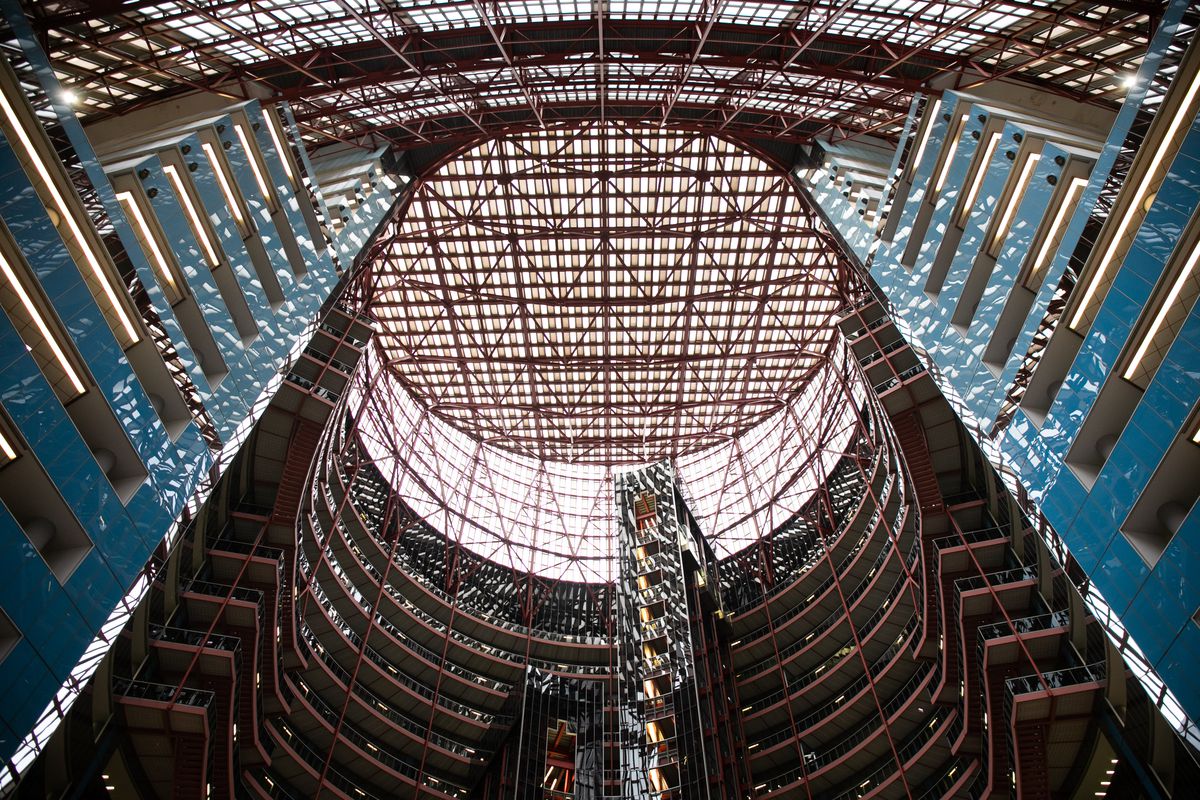 The James R. Thompson Center in the Loop is seen in this photo, Wednesday morning, Dec. 15, 2021, minutes before Gov. J.B. Pritzker announced that Prime Group Chairman Michal Reschke’s development group won the request for proposals to redesign the Thompson Center. They plan to preserve most of the Thompson Center’s original design and turn it into a mixed-use property. The state will own about 30% of it.