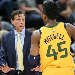 Utah Jazz head coach Quin Snyder talks to guard Donovan Mitchell (45) on the sideline during the game against the Detroit Pistons at Vivint Smart Home Arena in Salt Lake City on Tuesday, March 13, 2018.