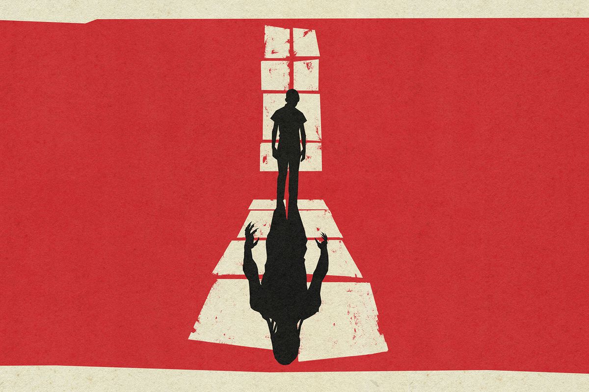 Artwork for Stranger Things: The First Shadow shows a black figure in silhouette against a window on a red background, casting a long shadow