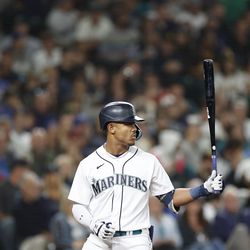 SEATTLE, WASHINGTON - SEPTEMBER 13: Julio Rodriguez #44 of the Seattle Mariners at bat during the sixth inning against the San Diego Padres at T-Mobile Park on September 13, 2022 in Seattle, Washington.