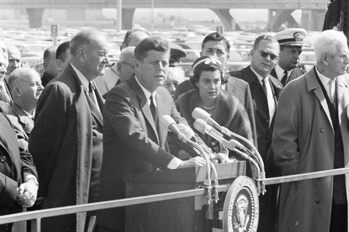 President John Fitzgerald Kennedy speaks at O’Hare airport in Chicago.