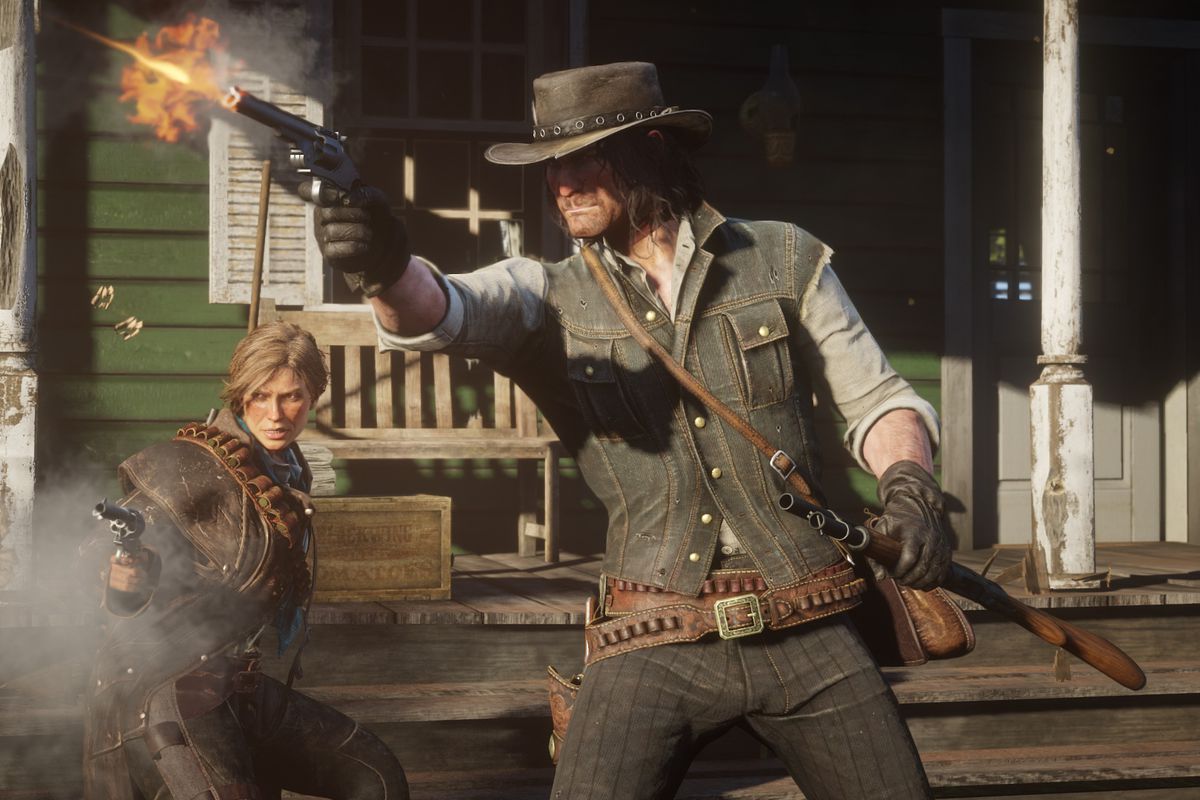 Red Dead Redemption 2 - woman and man firing guns