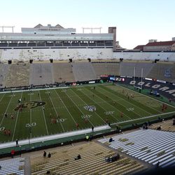 The Utah Utes warm up before playing the Colorado University Buffaloes at Folsom Field in Boulder, Colorado, on Saturday, Nov. 26, 2016.