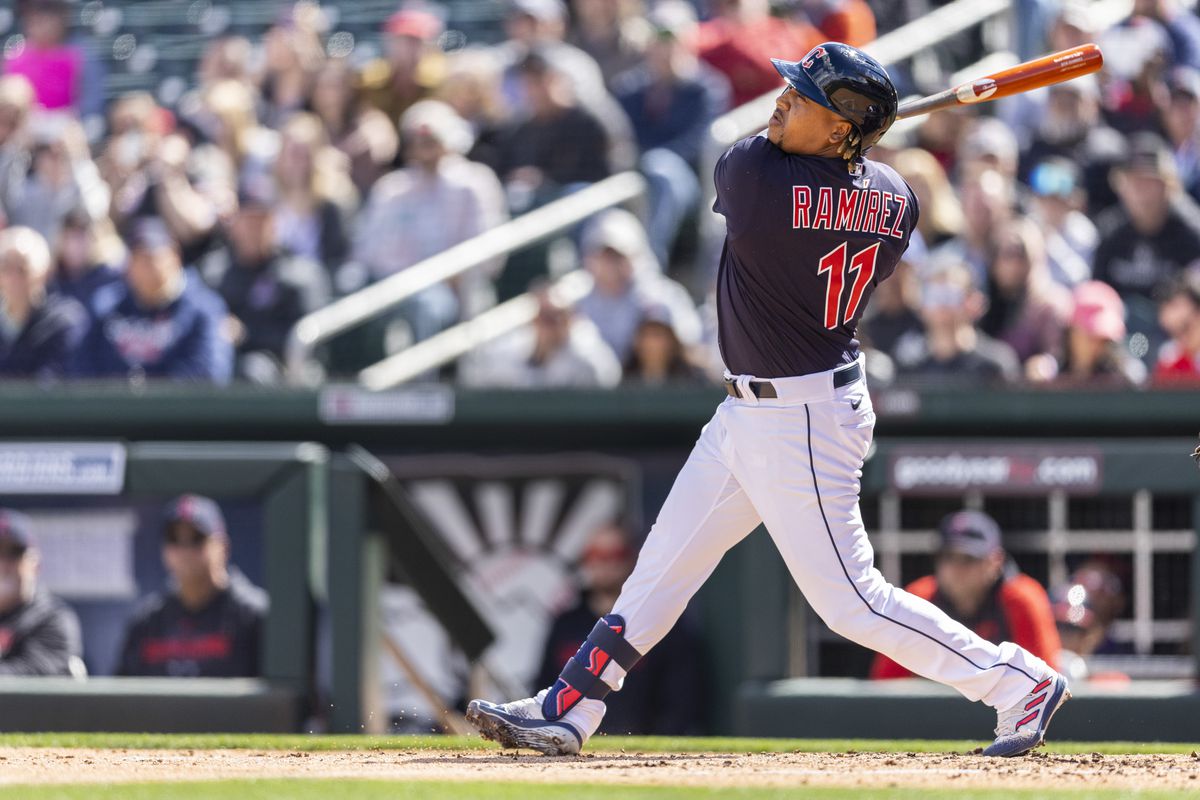 Jose Ramirez #11 of the Cleveland Guardians bats during the game between the Texas Rangers and the Cleveland Guardians at Progressive Field on Sunday, February 26, 2023 in Cleveland, Ohio.