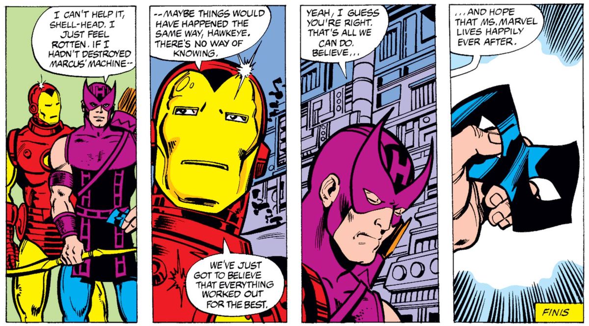 Hawkeye and Iron Man in the final panels of Avengers #200, Marvel Comics (1980). 