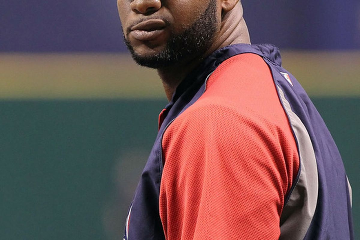 April 20, 2012; St. Petersburg, FL, USA; Minnesota Twins center fielder Denard Span (2) warms up prior to the game against the Tampa Bay Rays at Tropicana Field. Mandatory Credit: Kim Klement-US PRESSWIRE
