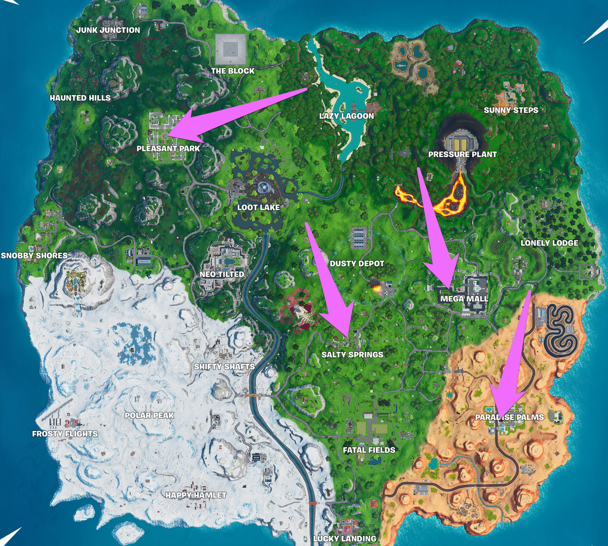 Fortnite cities that have stop signs marked on the Fortnite map 