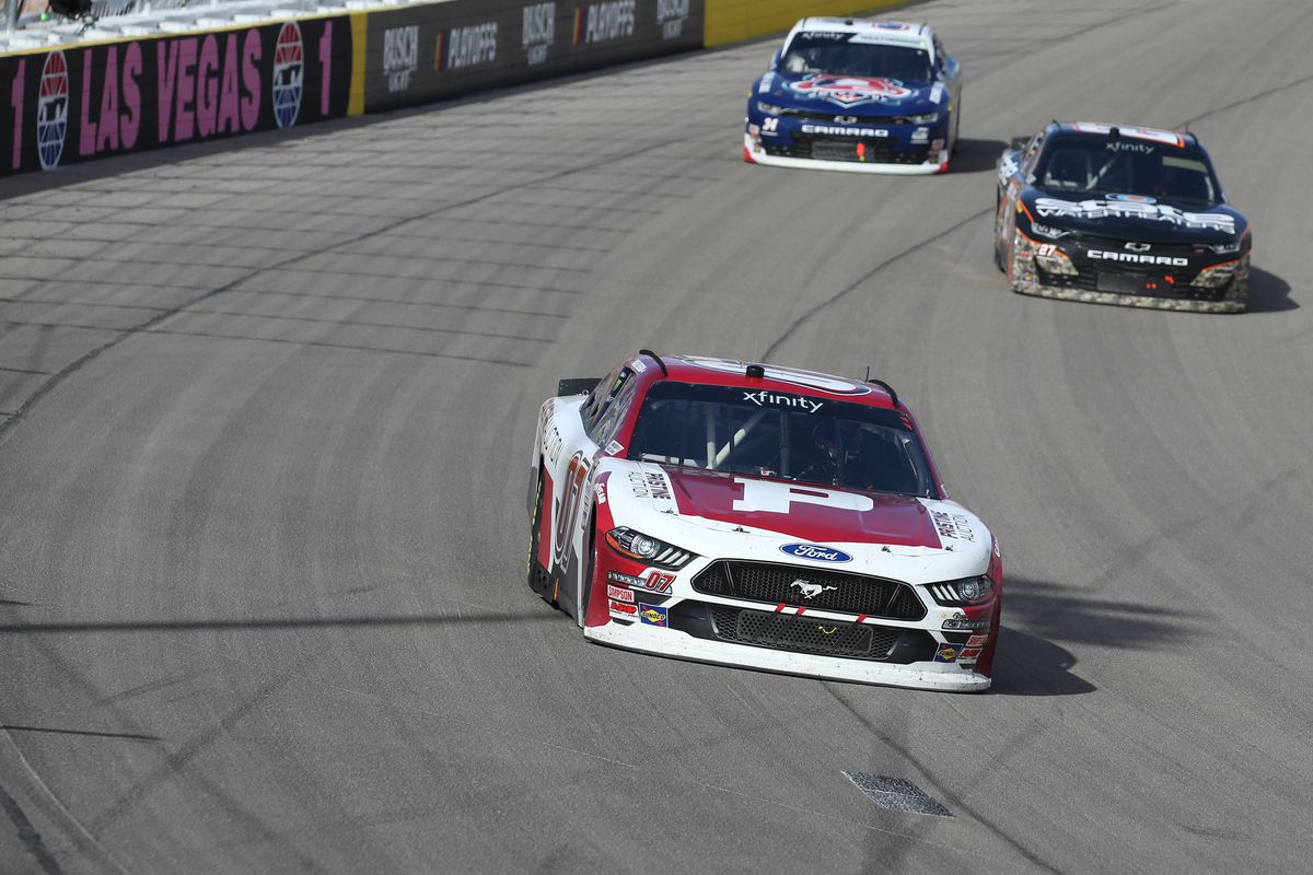 Hailie Deegan (#07 SS-GLR w/Jeff Lefcourt Ford Pristine Auction) takes to the track during the Alsco Uniforms 302 NASCAR Xfinity Series race, on October 15, 2022, at Las Vegas Motor Speedway in Las Vegas, NV.