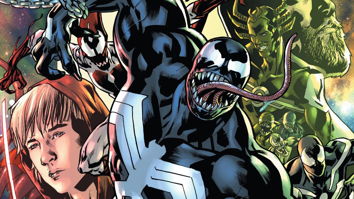 Venom/Dylan Brock snarls with his tongue out on a collage of characters featured in the Venom series on the cover of Venom #18 (2023). 