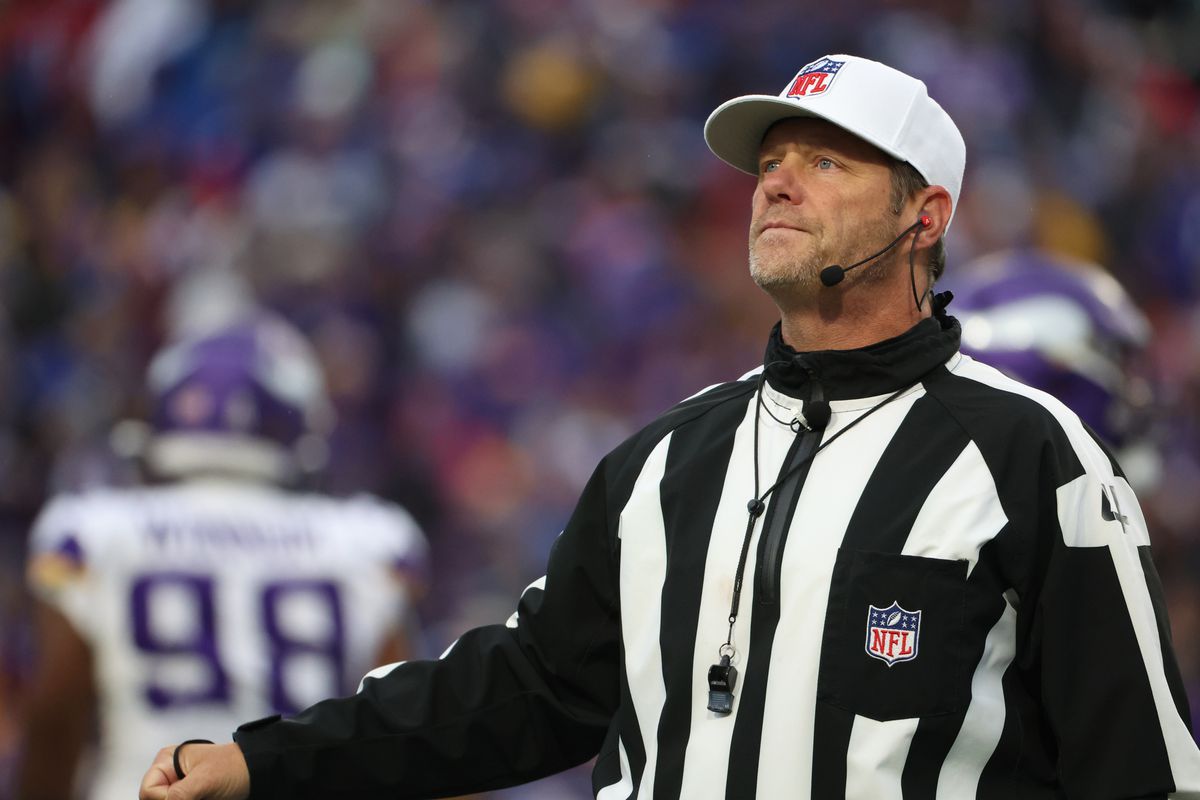 NFL referee Craig Wrolstad #4 during a game between the Buffalo Bills and the Minnesota Vikings at Highmark Stadium on November 13, 2022 in Orchard Park, New York.