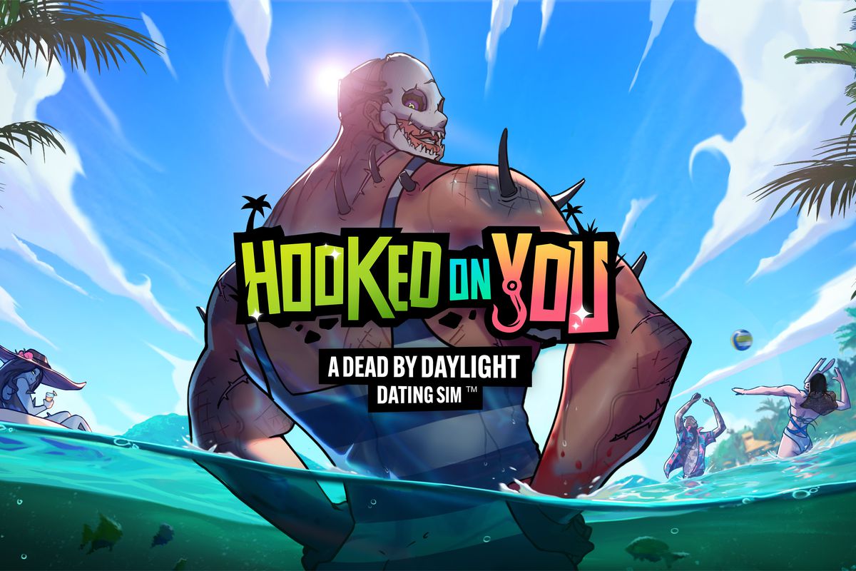 Key art for Hooked on You, a Dead by Daylight dating sim that shows the Huntress, Spirit, Wraith, and Trapper Killers having fun on a sunny beach.