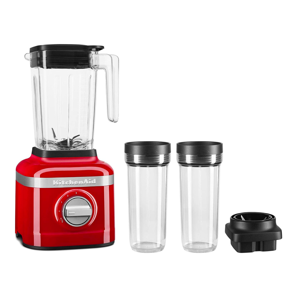 Red KitchenAid blender with single-serve cups
