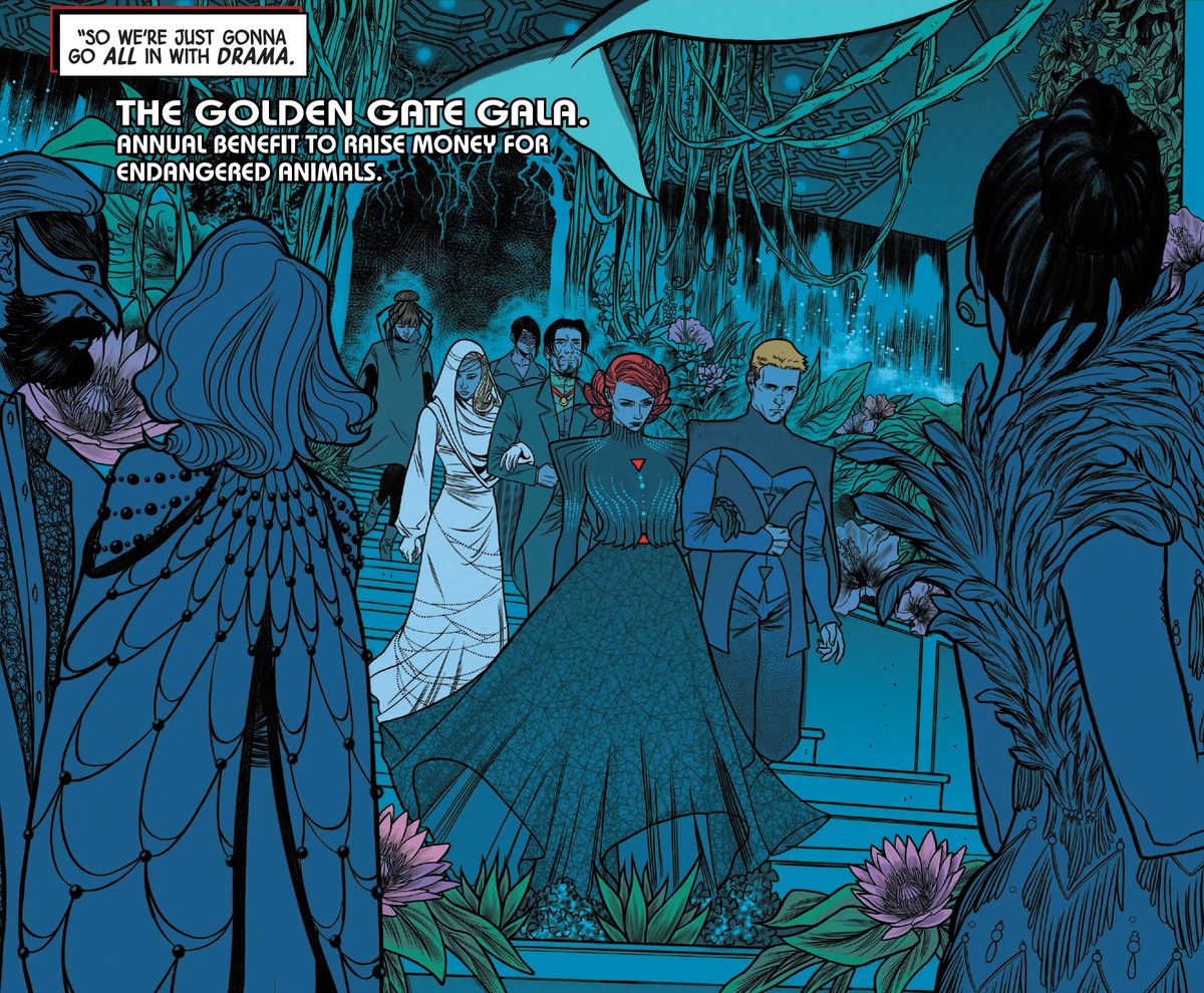 Black Widow, White Widow, Hawkeye, the Winter Soldier and more arrive at the Golden Gate Gala in haute couture in Black Widow #12 (2021). 