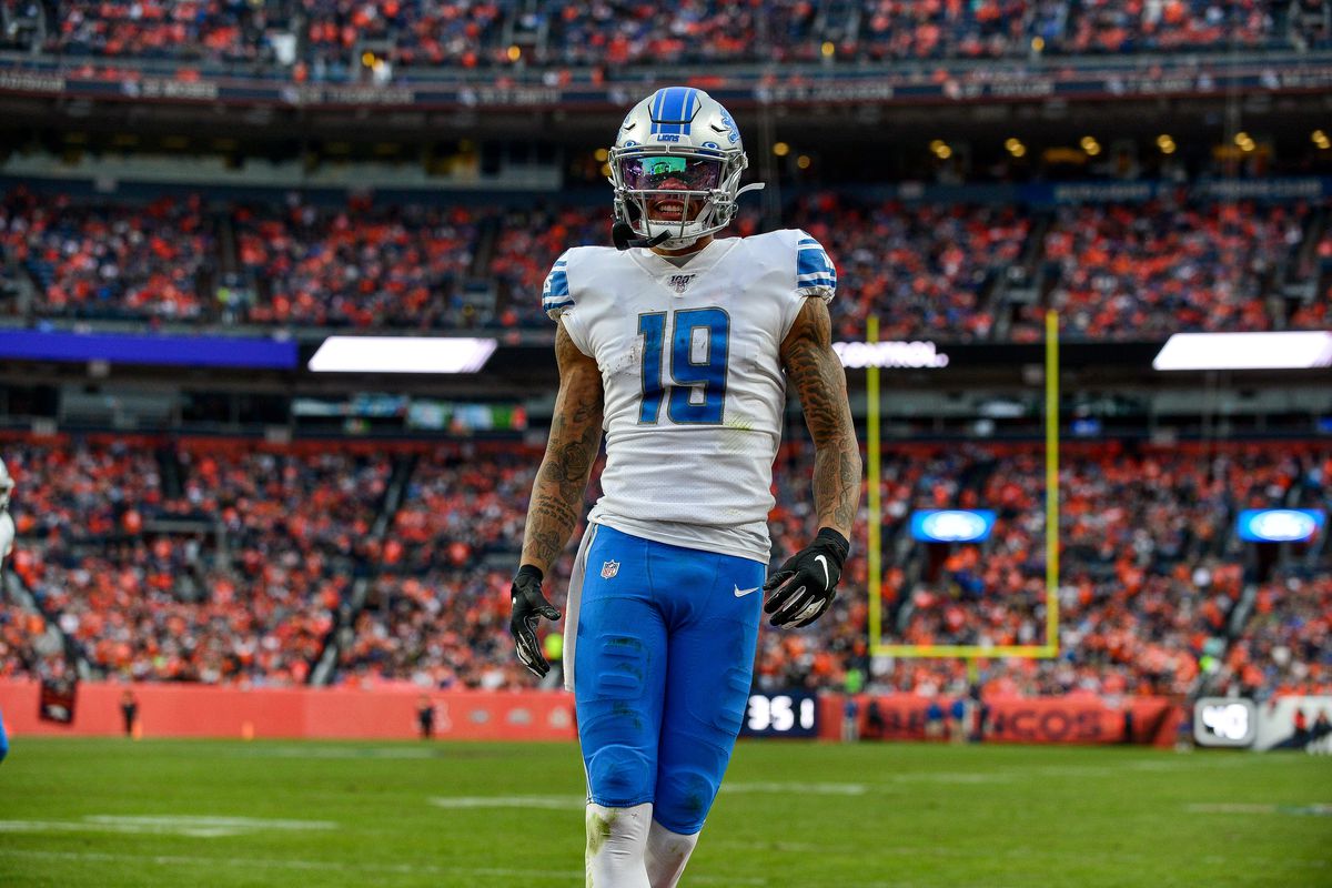 Kenny Golladay of the Detroit Lions celebrates after scoring a third quarter touchdown after a catch against the Denver Broncos at Empower Field on December 22, 2019 in Denver, Colorado.