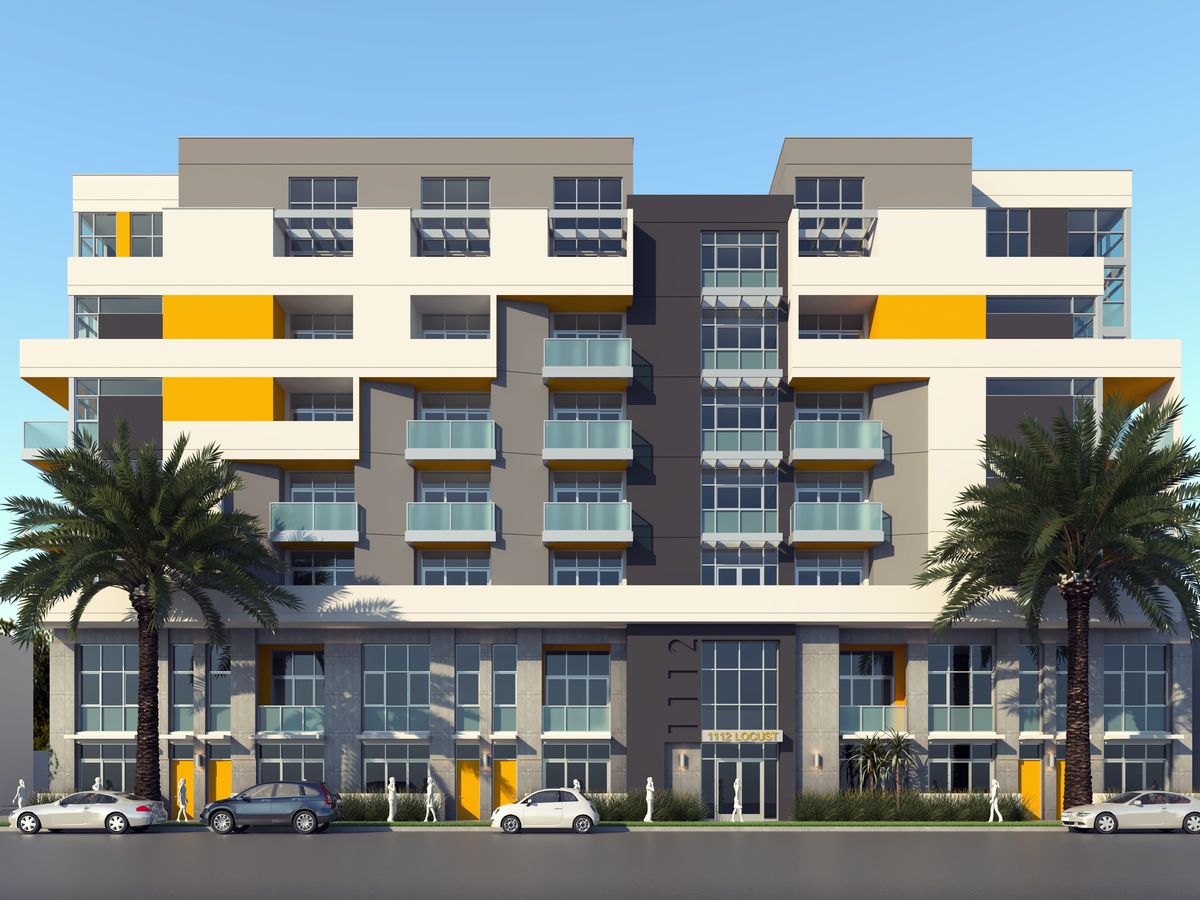 A rendering of the building, which features ground floor retail space and residential above. 