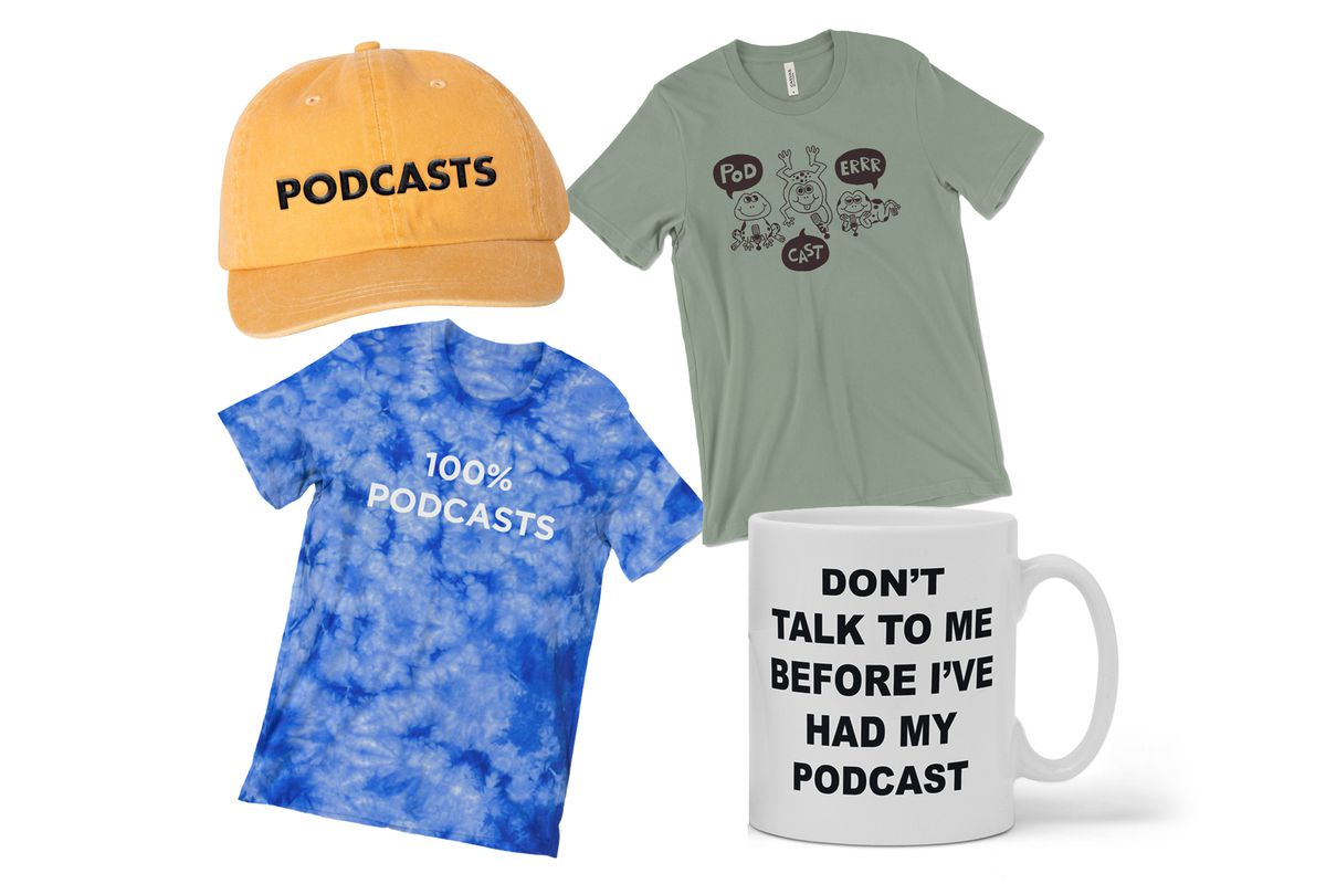 The four March McElroy merch items. The top left item is a yellow baseball cap that says, “Podcasts,” in a black sans serif. Top right is a sage green t-shirt with three line art frogs. From left to right, they are saying, “POD,” “CAST,” “ERRR.” The bottom left is a blue tie-dye t-shirt that says, “100% PODCASTS,” in a white sans serif. The bottom right is a plain white mug that says, “Don’t talk to me before I’ve had my podcast.”