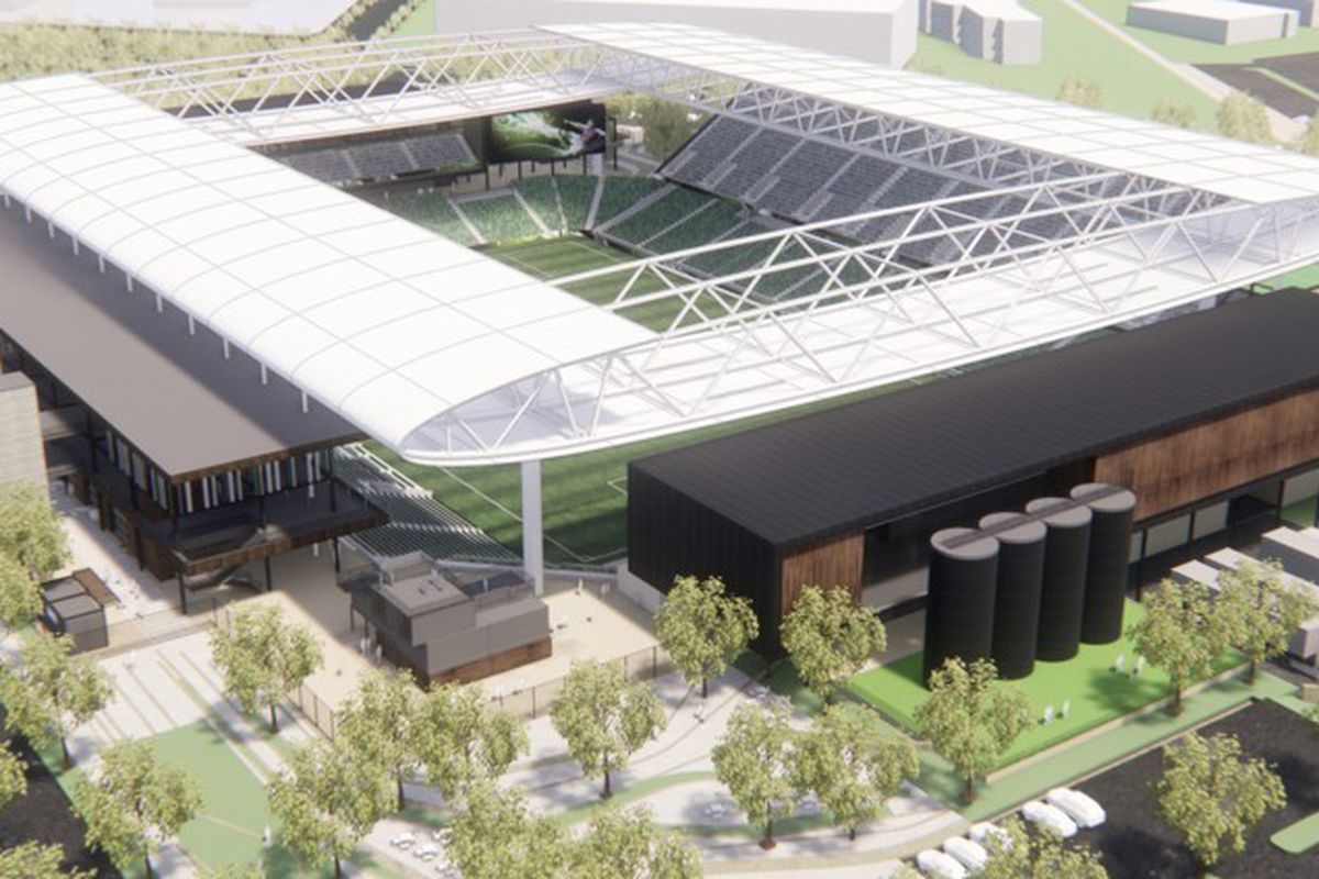 Overhead rendering of an open-roofed stadium
