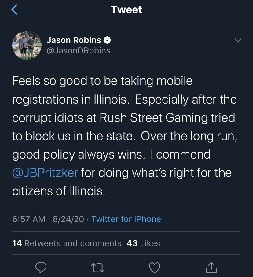 DraftKings CEO Jason Robins soon deleted this tweet.